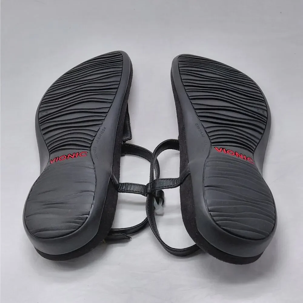 Vionic Womens Thong Sandals Size 9 Black Gold Studded T Strap Comfort Shoes